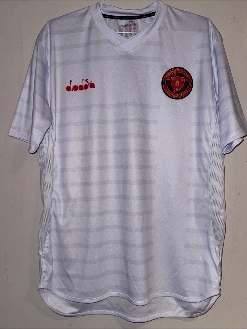 Diadora White Men's Canada Ancaster Football Club Soccer Jersey with Red Logos